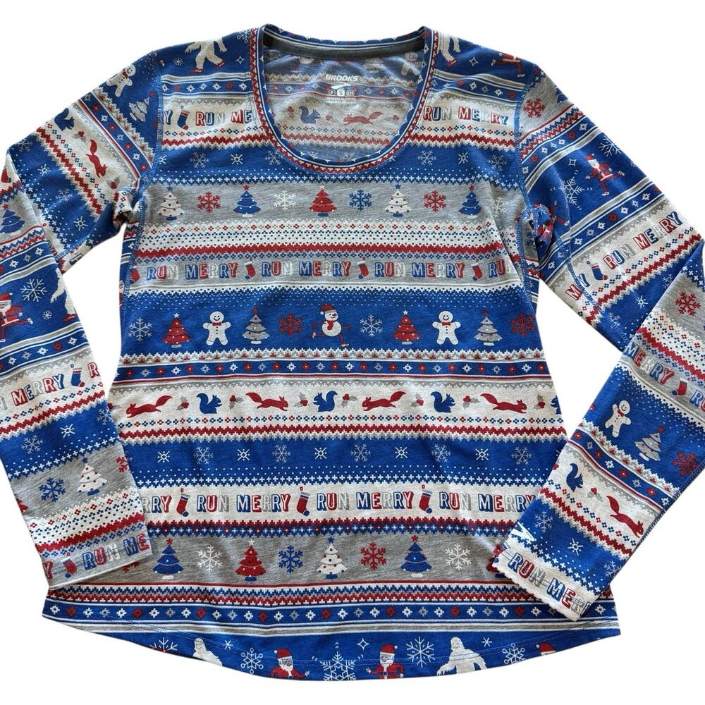 Brooks Running Run Merry Holiday Long Sleeve Top Big Foot Sasquatch Fake Isle S